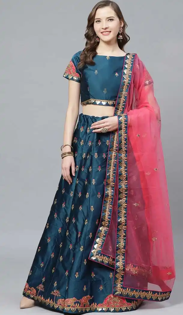 Turquoise Color Satin Embroidery Designer Party Wear Lehenga Choli -9238109458