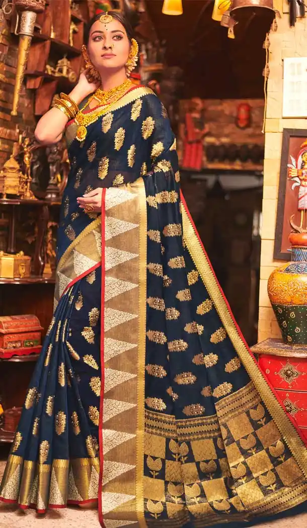 Navy Blue Color Cotton Handloom Party Wear Women Saree Blouse -9240109470