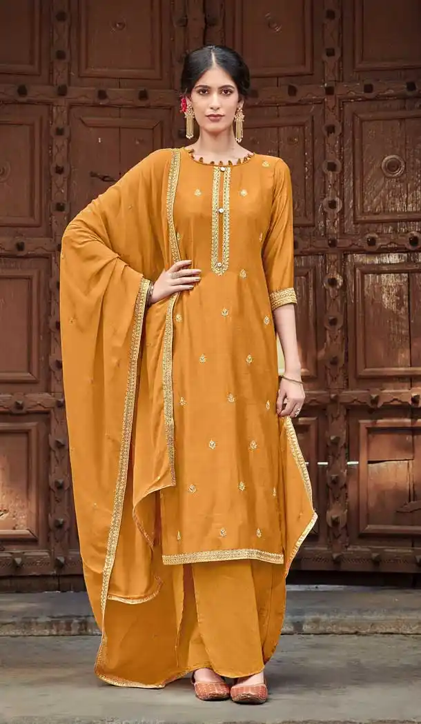 Musterd Color Cotton Silk Designer Party Wear Womens Palazzo Suit -9250109607