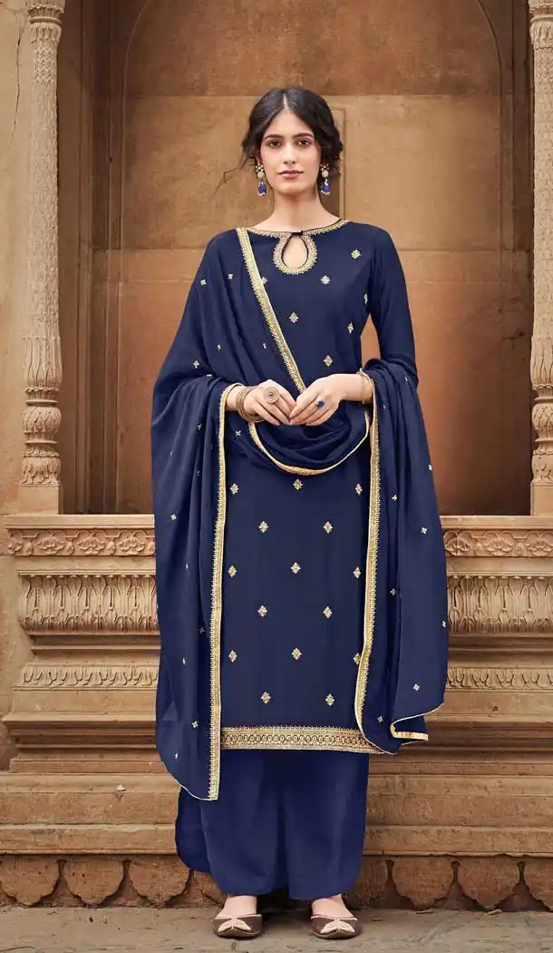 Navy Blue Color Cotton Silk Designer Party Wear Womens Palazzo Suit -9250109608