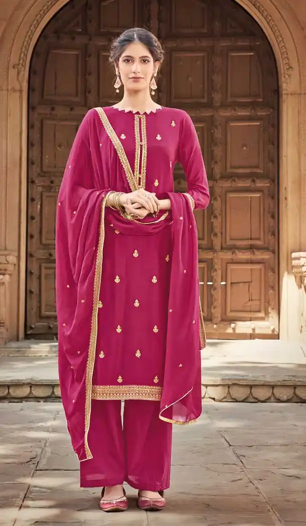 Rani Pink Color Cotton Silk Designer Party Wear Womens Palazzo Suit -9250109609