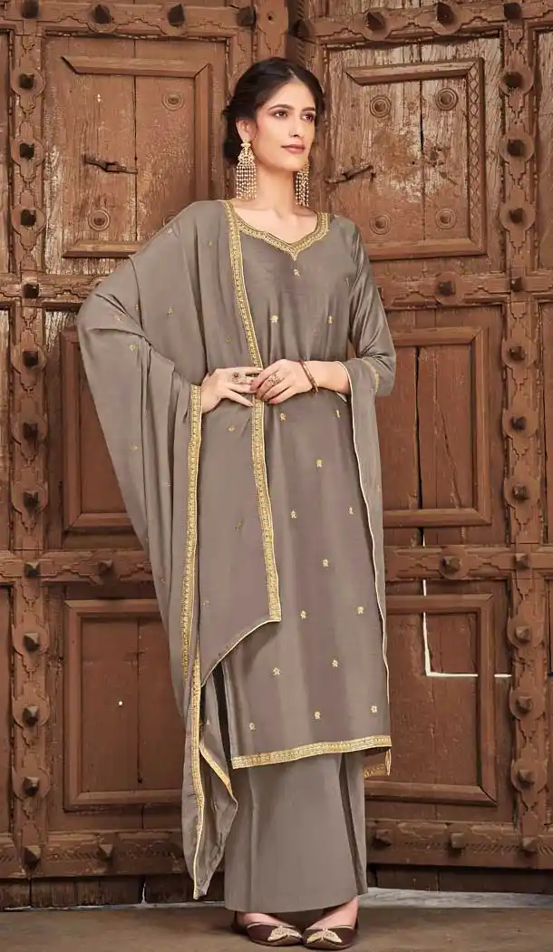 Grey Color Cotton Silk Designer Party Wear Womens Palazzo Suit -9250109610