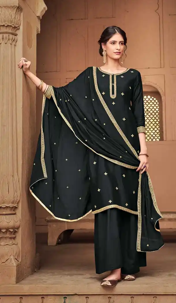 Black Color Cotton Silk Designer Party Wear Womens Palazzo Suit -9250109613