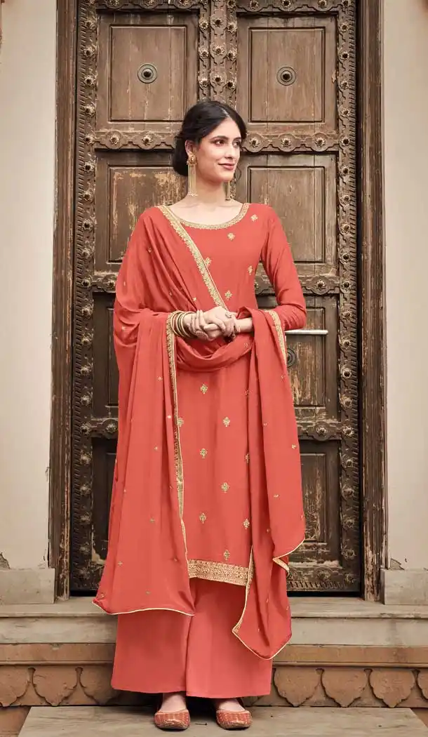 Peach Color Cotton Silk Designer Party Wear Womens Palazzo Suit -9250109615