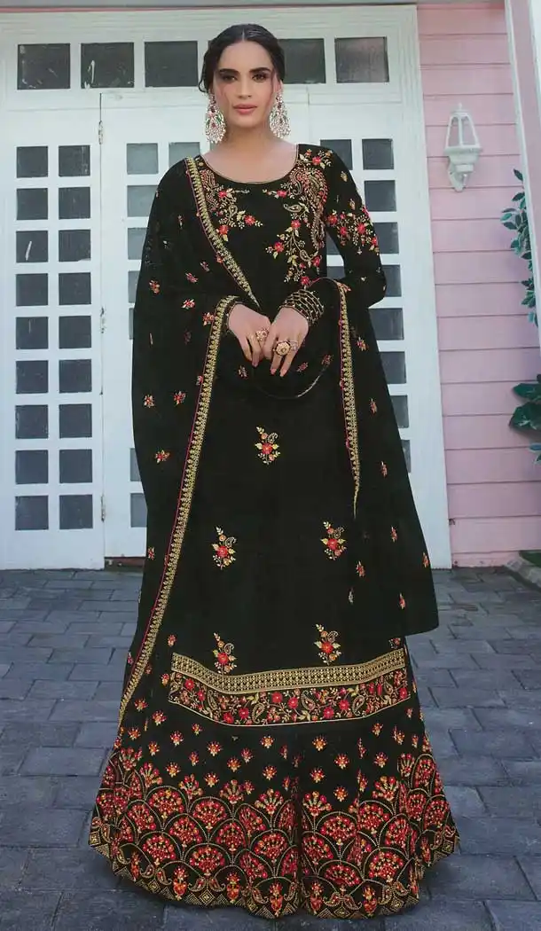 Black Color Satin Georgette Designer Party Wear Womens Palazzo Suit -9252109618