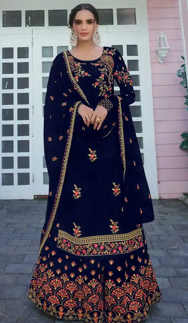 Navy Blue Color Satin Georgette Designer Party Wear Womens Palazzo Suit -9252109619