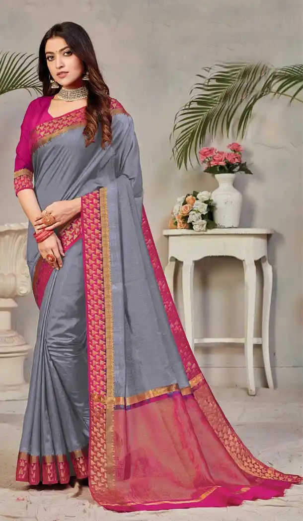 Grey Color Silk Casual Party Wear Saree Blouse For Women -9256109640