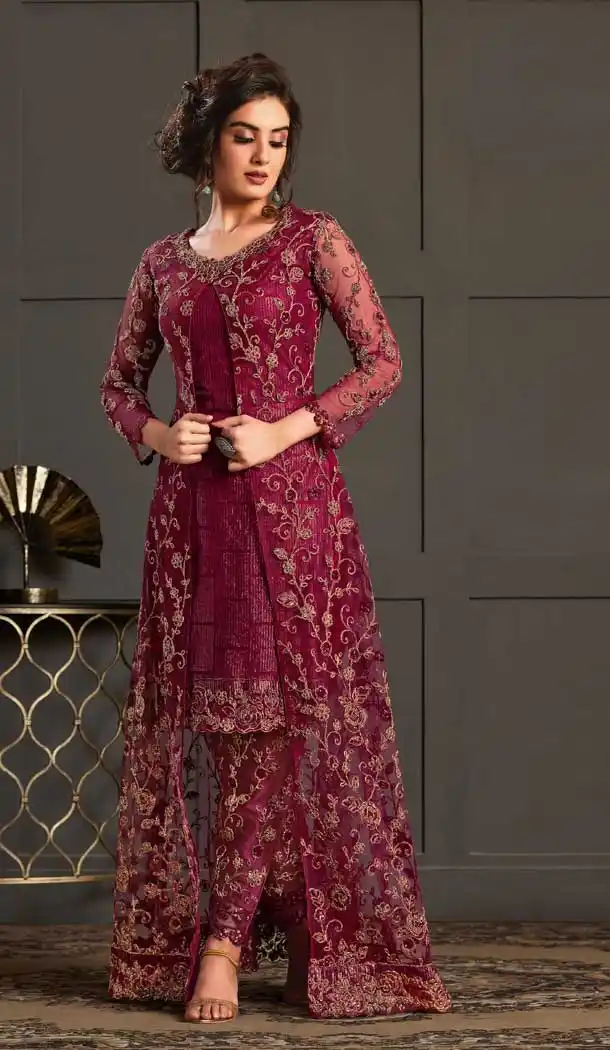 Wine Color Net Heavy Embroidery Designer Party Wear Salwar Kameez -9261109692