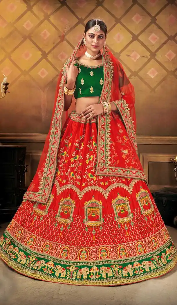 Red Color Heavy Malai Satin Heavy Designer Wedding Wear Lehenga Choli -9262109702
