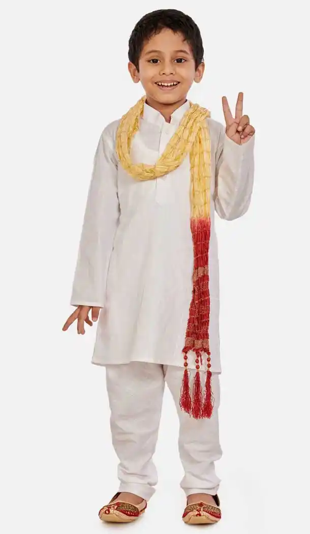 White Color Cotton Readymade Party Wear Kids Kurta Pyjama Set