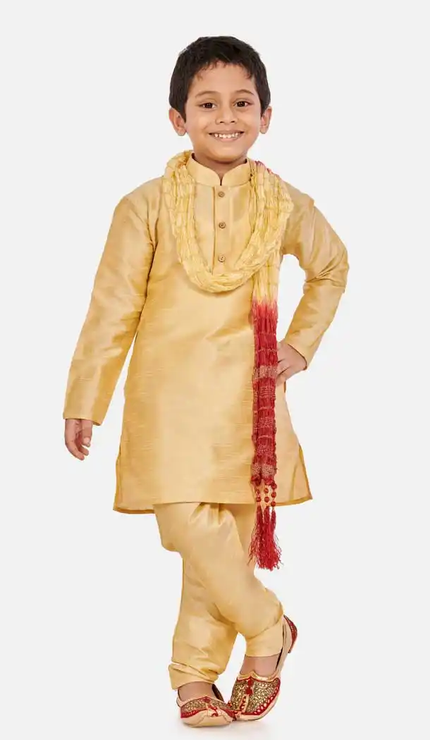 Gold Color Cotton Readymade Party Wear Kids Wear Kurta Pyjama Set -9260109663