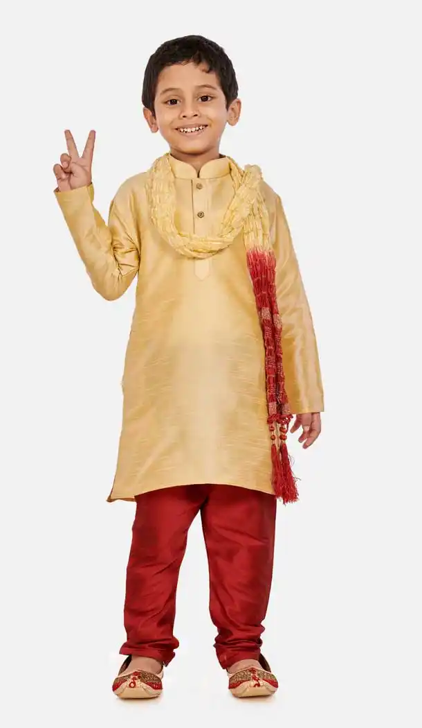 Gold Color Cotton Silk Readymade Party Wear Kids Wear Kurta Pyjama Set -9260109664