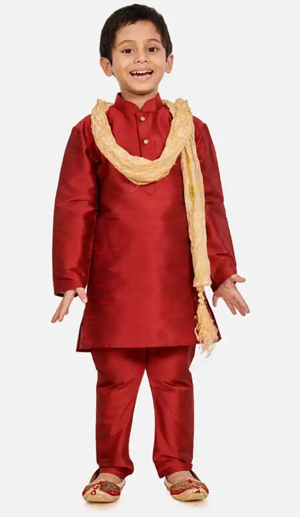 Maroon Color Cotton Silk Readymade Party Wear Kids Wear Kurta Pyjama Set -9260109666