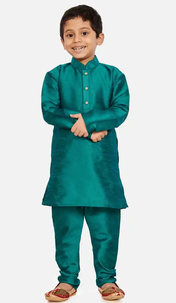 Green Color Cotton Silk Readymade Party Wear Kids Wear Kurta Pyjama Set -9260109669