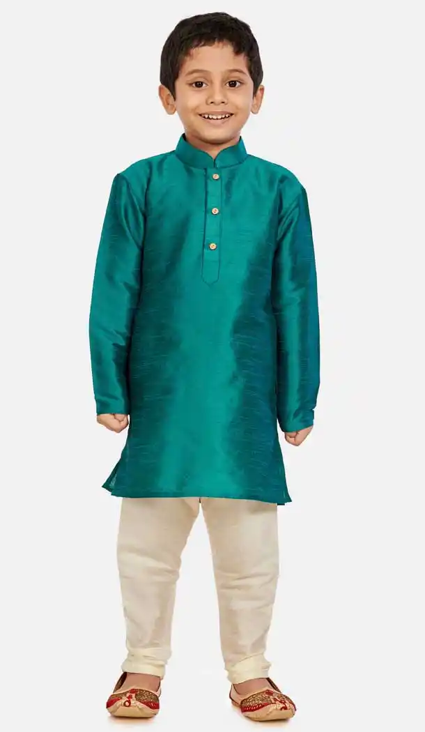 Classy Green Color Cotton Silk Readymade Party Wear Kids Wear Kurta Pyjama Set -9260109670