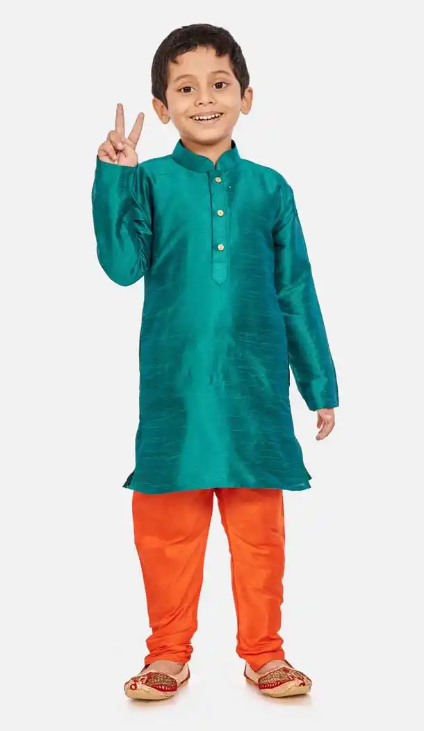 Charmingly Green Color Cotton Silk Readymade Party Wear Kids Wear Kurta Pyjama Set -9260109671