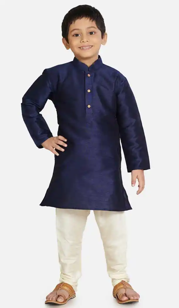 Impressive Navy Blue Color Cotton Silk Readymade Party Wear Kids Wear Kurta Pyjama Set -9260109673