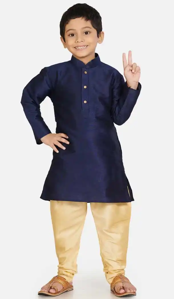 Trend Navy Blue Color Cotton Silk Readymade Party Wear Kids Wear Kurta Pyjama Set -9260109674