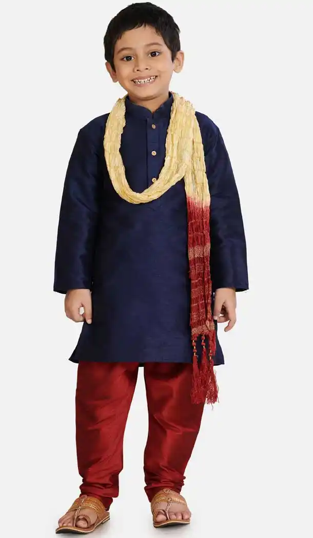 Heavy Navy Blue Color Cotton Silk Readymade Party Wear Kids Wear Kurta Pyjama Set -9260109675
