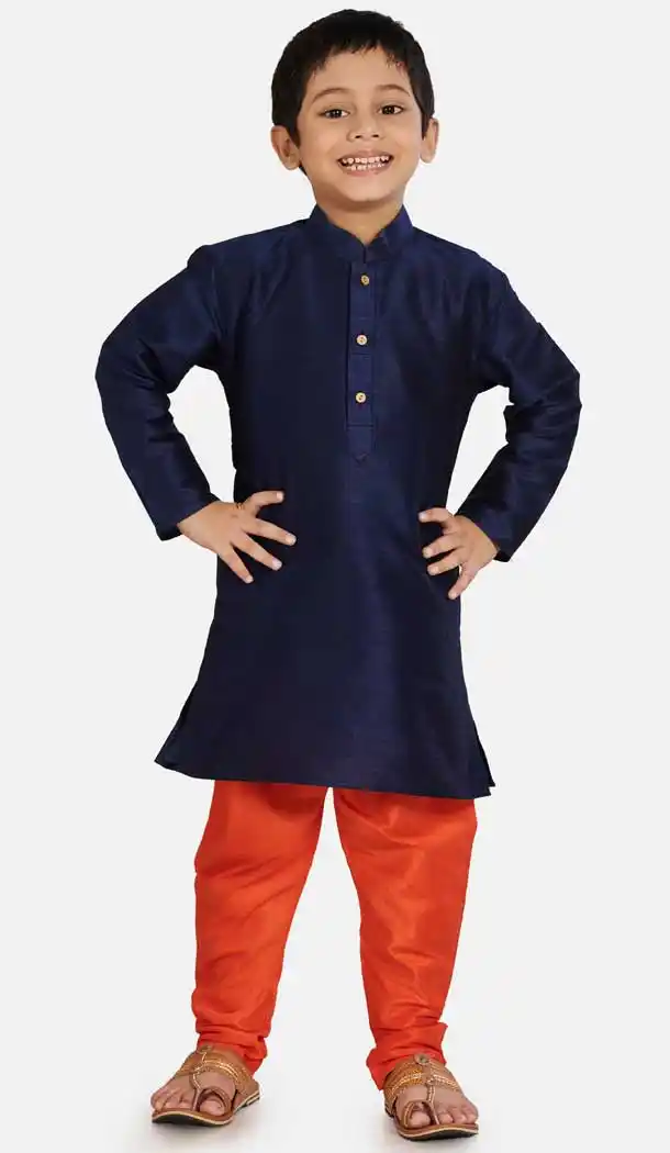 Festive Navy Blue Color Cotton Silk Readymade Party Wear Kids Wear Kurta Pyjama Set -9260109676