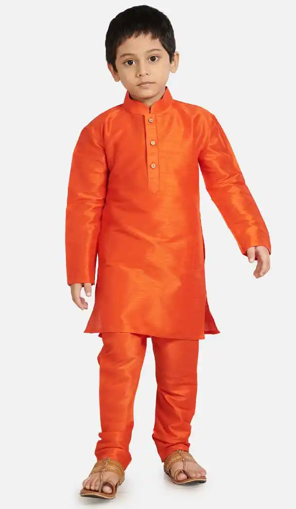 Orange Color Cotton Silk Readymade Party Wear Kids Wear Kurta Pyjama Set -9260109677