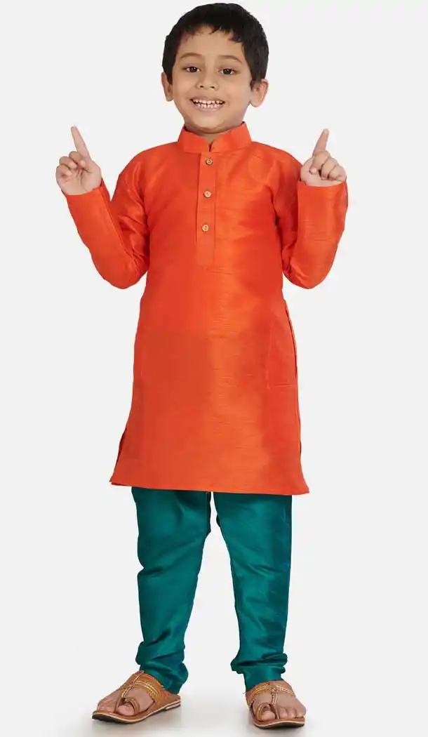 Traditional Orange Color Cotton Silk Readymade Party Wear Kids Wear Kurta Pyjama Set -9260109678