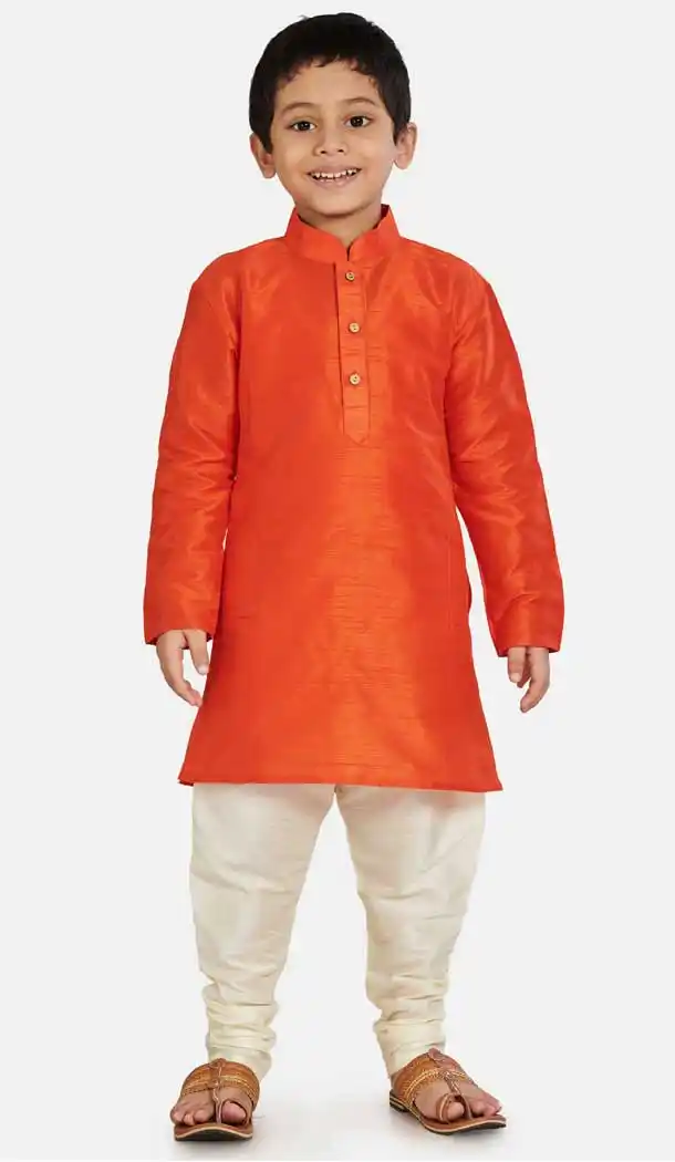 Vogue Orange Color Cotton Silk Readymade Party Wear Kids Wear Kurta Pyjama Set -9260109679