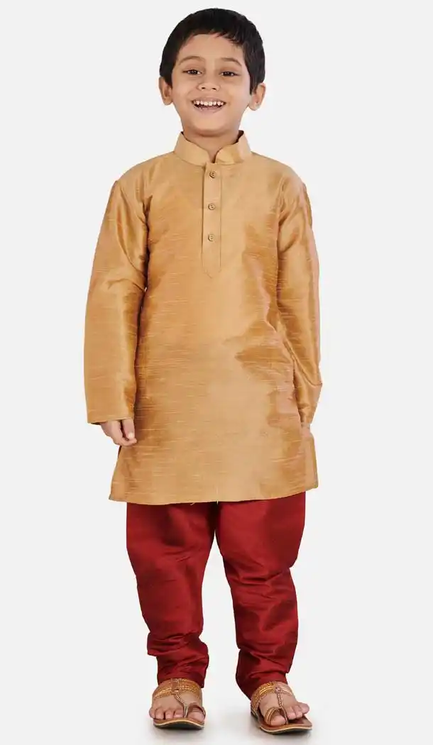 Dynamic Rose Gold Color Cotton Silk Readymade Party Wear Kids Wear Kurta Pyjama Set -9260109686