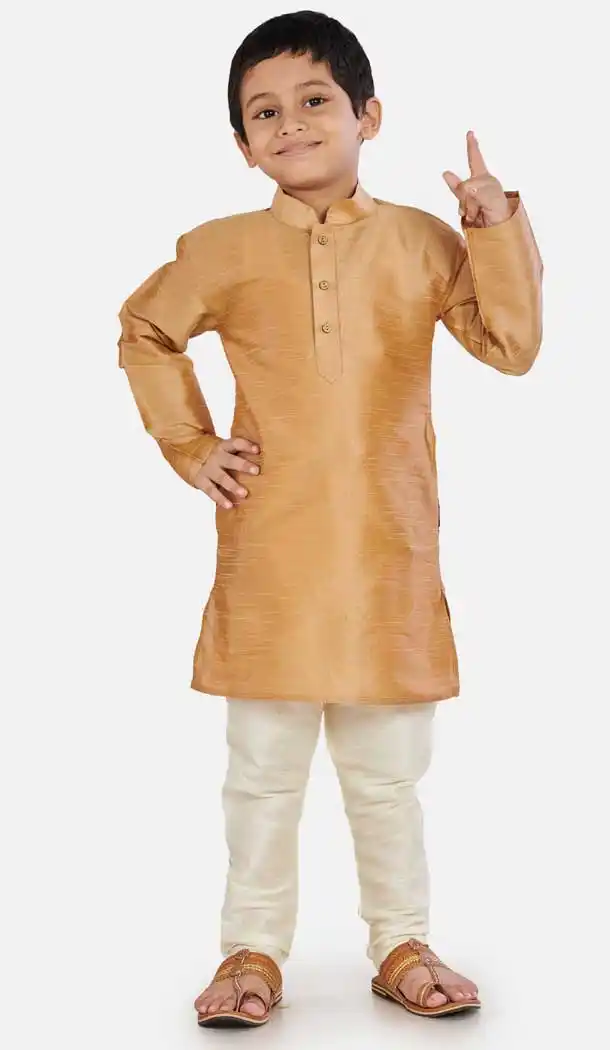 Charming Rose Gold Color Cotton Silk Readymade Party Wear Kids Wear Kurta Pyjama Set -9260109688