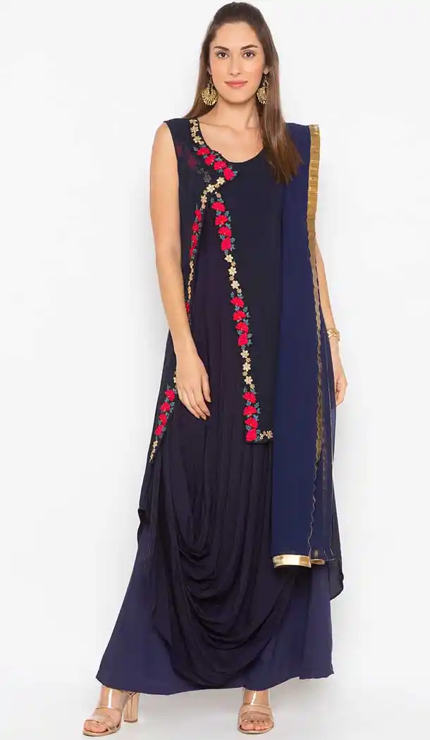 Navy Blue Color Cotton Fancy Readymade Designer Party Wear Plus Size Suit -9264109748