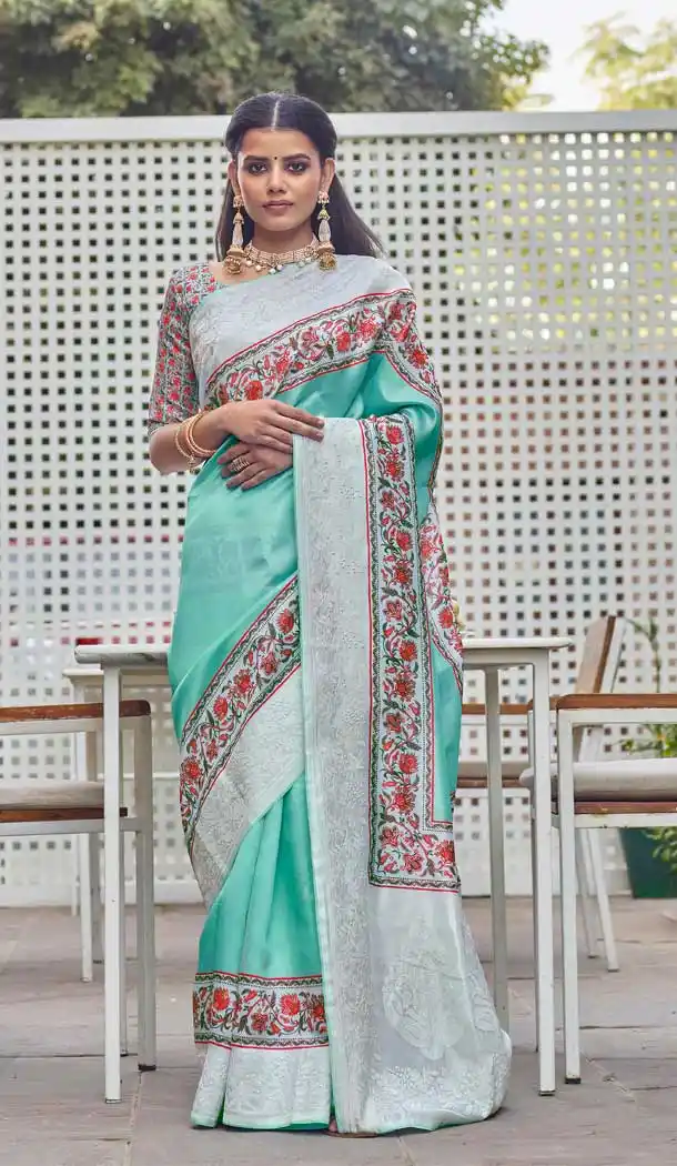 Aqua Color Fancy Fabric Designer Party Wear Saree Blouse -9279109866