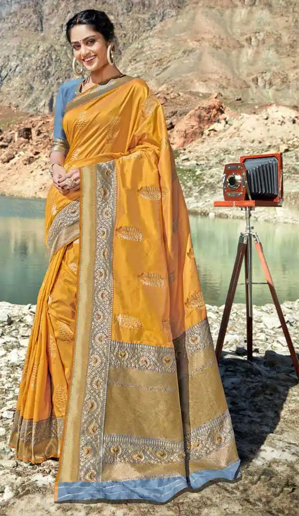 Musterd Color Banarasi Silk Designer Designer Traditional Wear Saree Blouse -9298110038