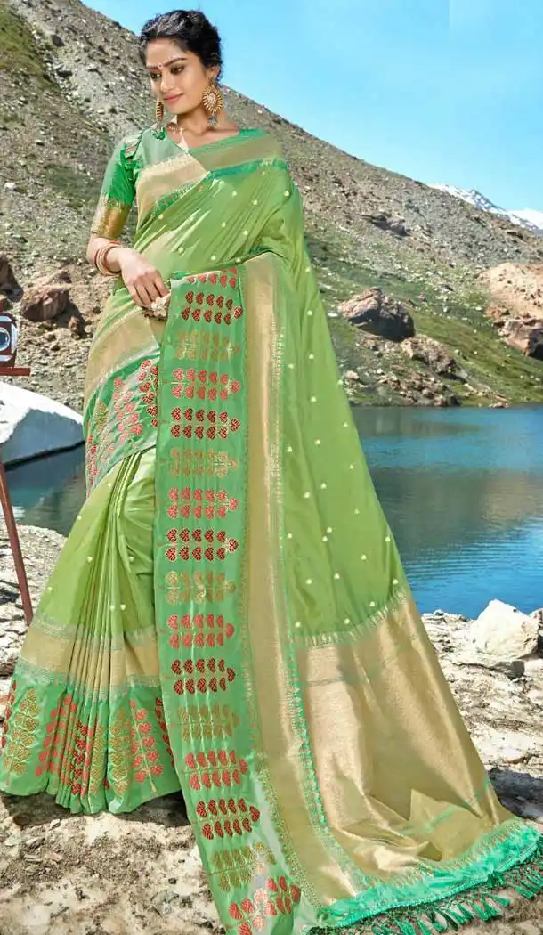 Light Green Color Banarasi Silk Designer Designer Traditional Wear Saree Blouse -9298110041