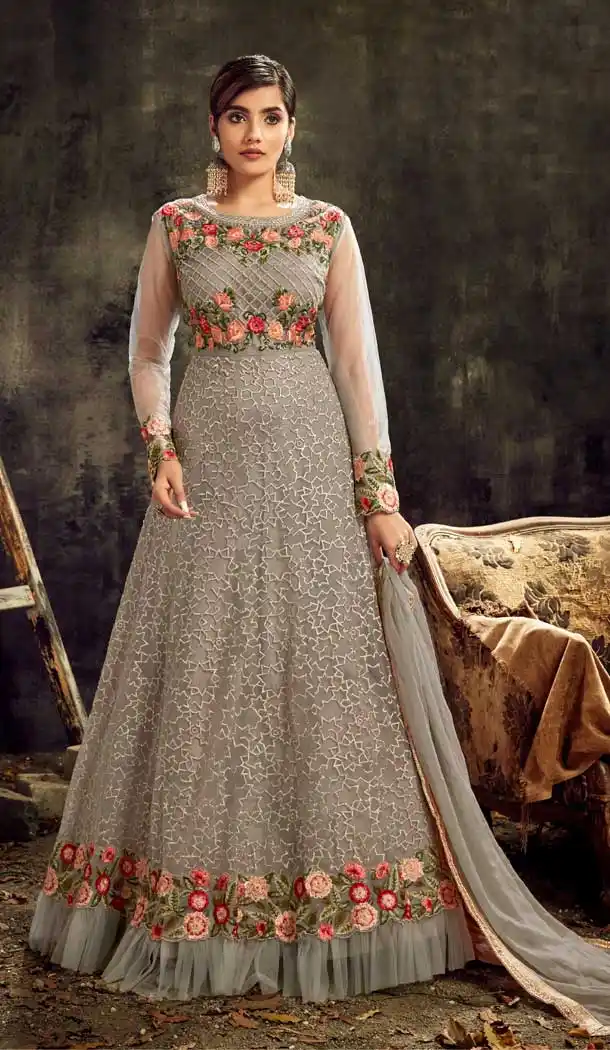Classy Grey Color Butterfly Fly Heavy Designer Abaya Style Anarkali Suit -9300110050