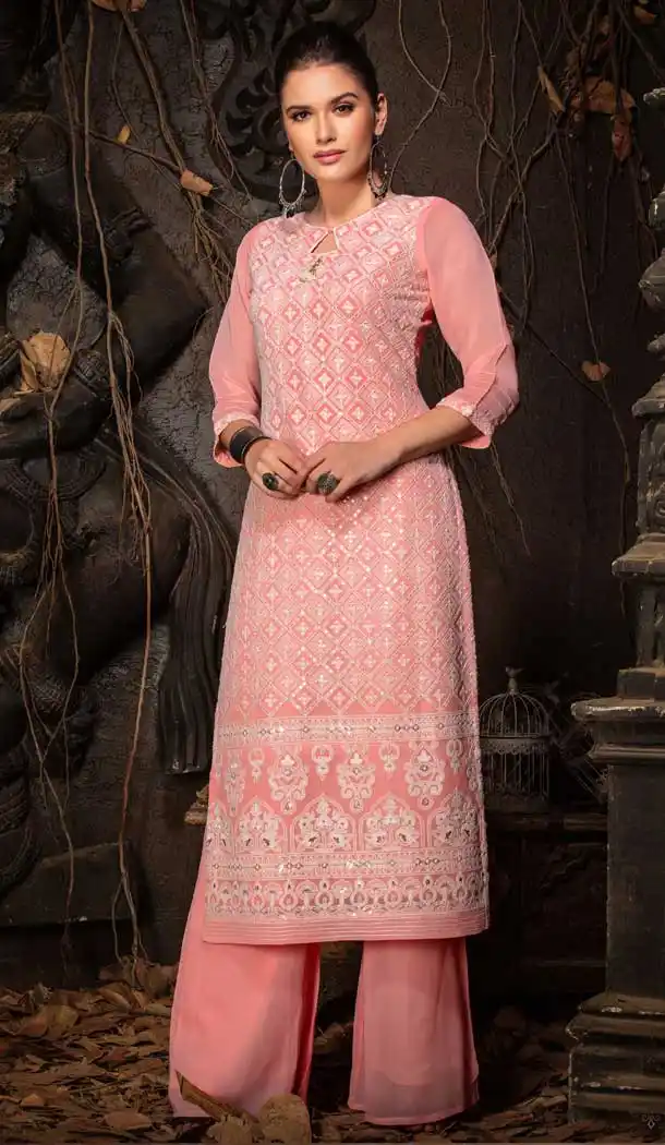 Pink Color Georgette Designer Party Wear Readymade Plus Size Kurtis -9309110125