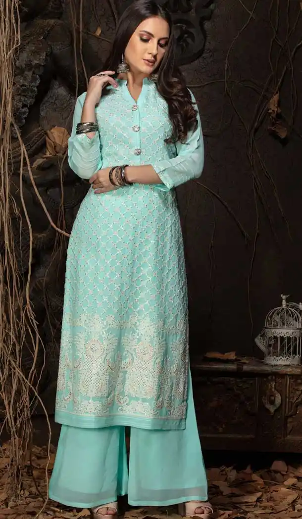 Sky Blue Color Georgette Designer Party Wear Readymade Plus Size Kurtis -9309110126