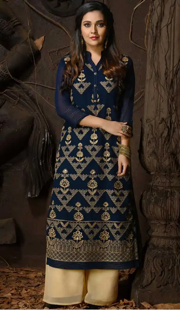 Blue Color Georgette Designer Party Wear Readymade Plus Size Kurtis -9309110127