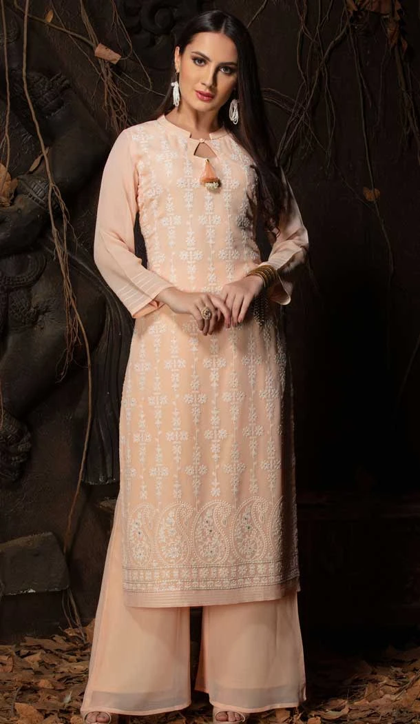 Light Peach Color Georgette Designer Party Wear Readymade Plus Size Kurtis -9309110132