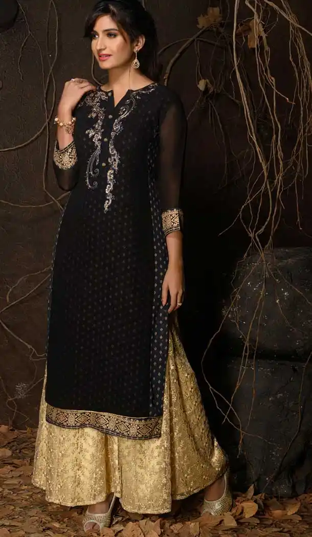 Black Color Georgette Designer Party Wear Readymade Plus Size Kurtis -9309110133
