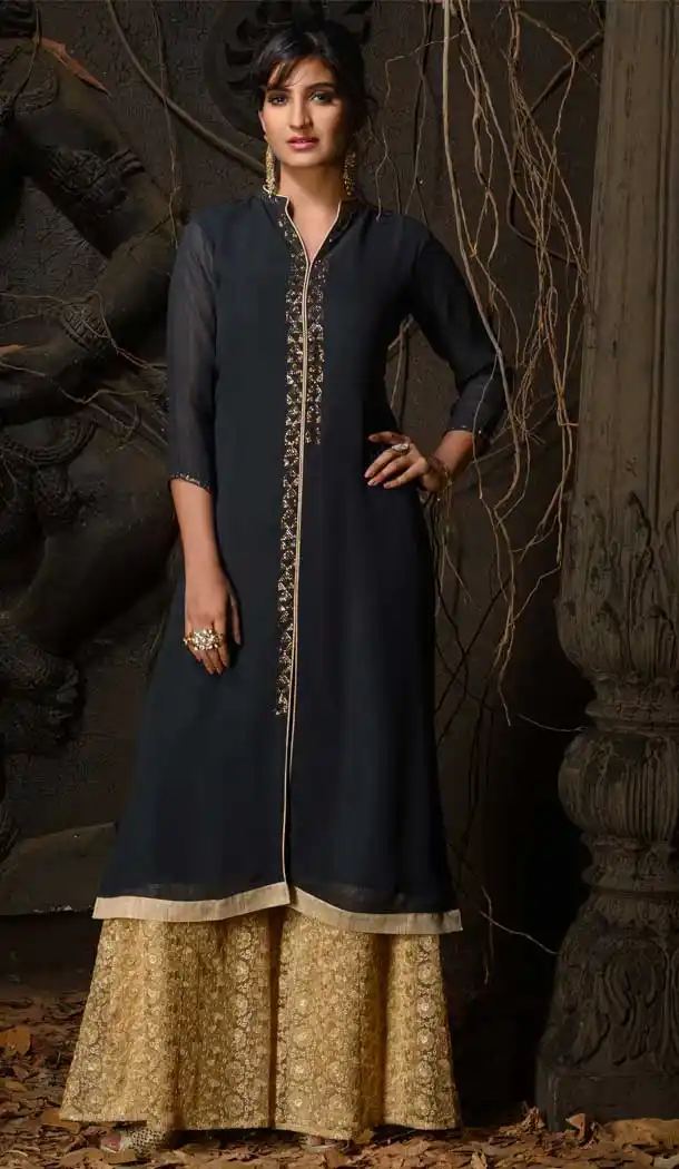 Dark Grey Color Georgette Designer Party Wear Readymade Plus Size Kurtis -9309110136