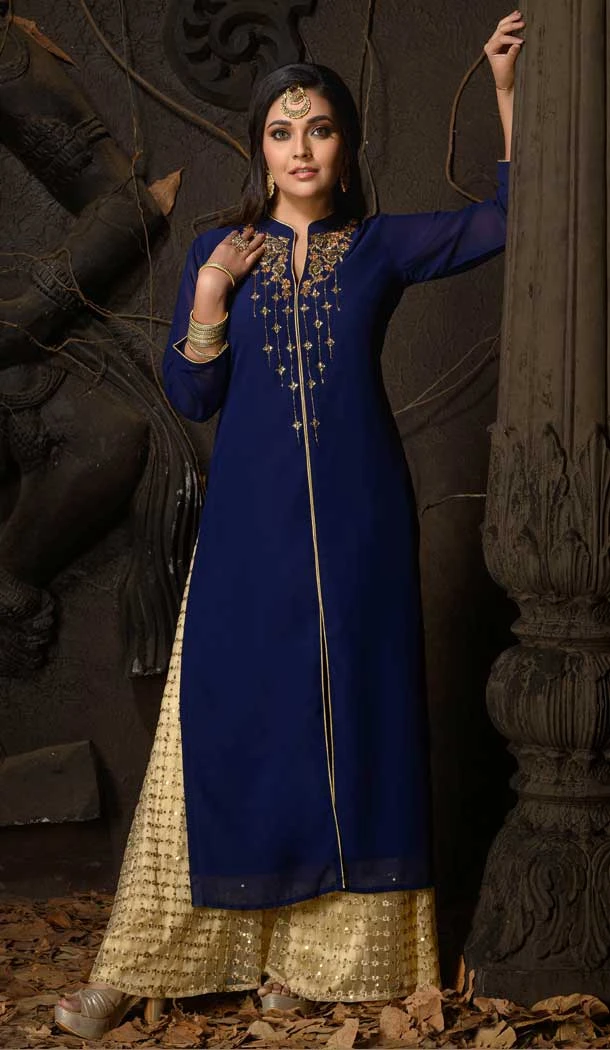 Blue Color Georgette Designer Party Wear Readymade Plus Size Kurtis -9309110137