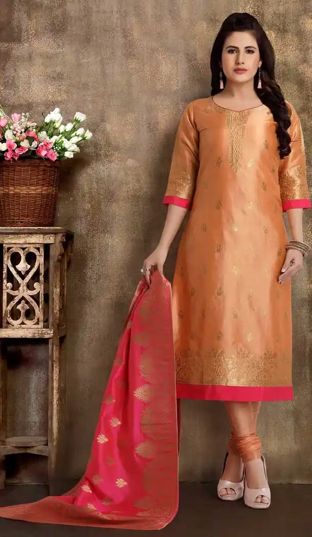 Light Peach Color Brocade Silk Designer Party Wear Readymade Plus Size Suit -9310110145