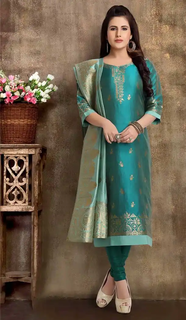 Blue Mix Print Color Brocade Silk Designer Party Wear Readymade Plus Size Suit -9310110146