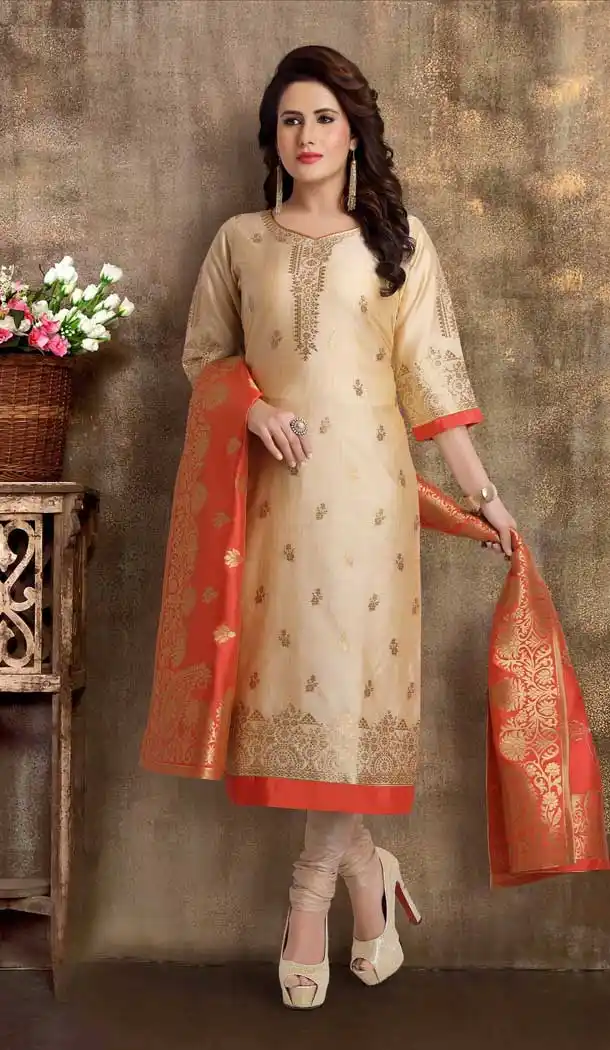 Glamorous Beige Color Brocade Silk Designer Party Wear Readymade Plus Size Suit -9310110147