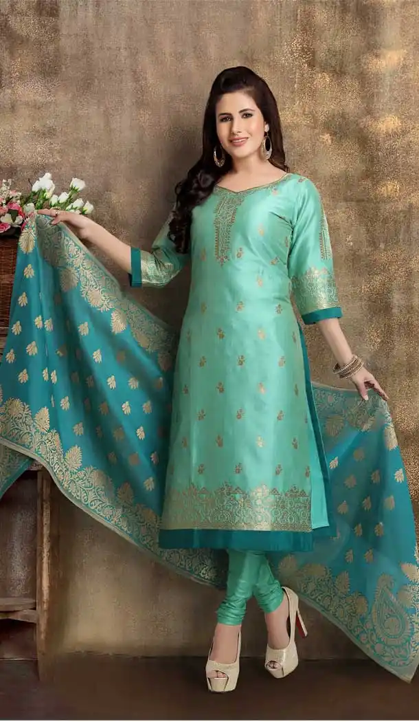 Sea Green Color Brocade Silk Designer Party Wear Readymade Plus Size Suit -9310110148