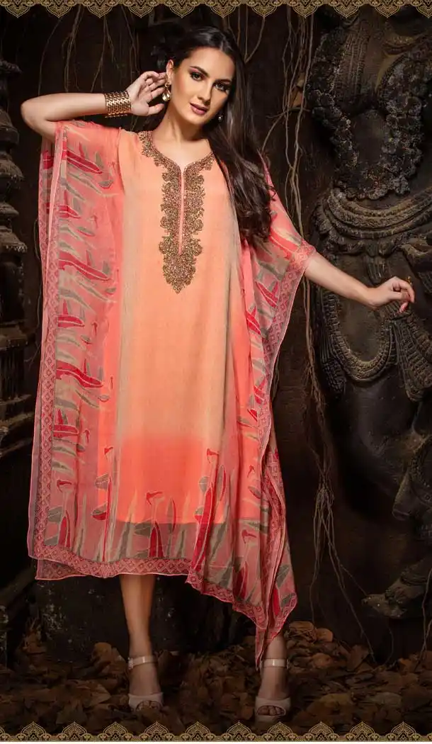Peach Color Chiffon Designer Party Wear Chiffon Plus Size Kaftan -931110153
