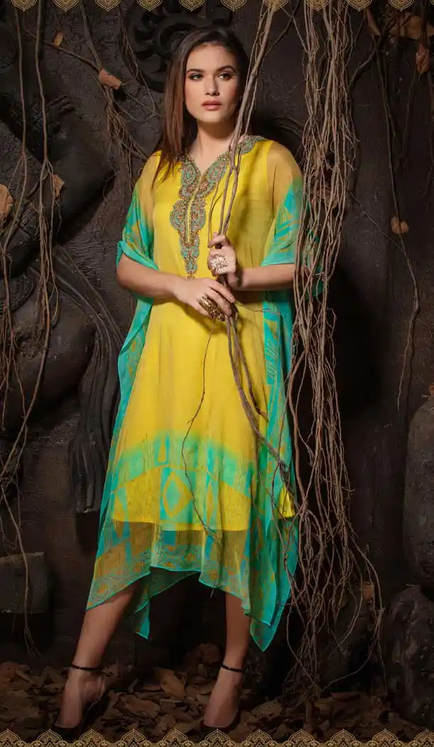 Yellow Color Chiffon Designer Party Wear Chiffon Plus Size Kaftan -931110154
