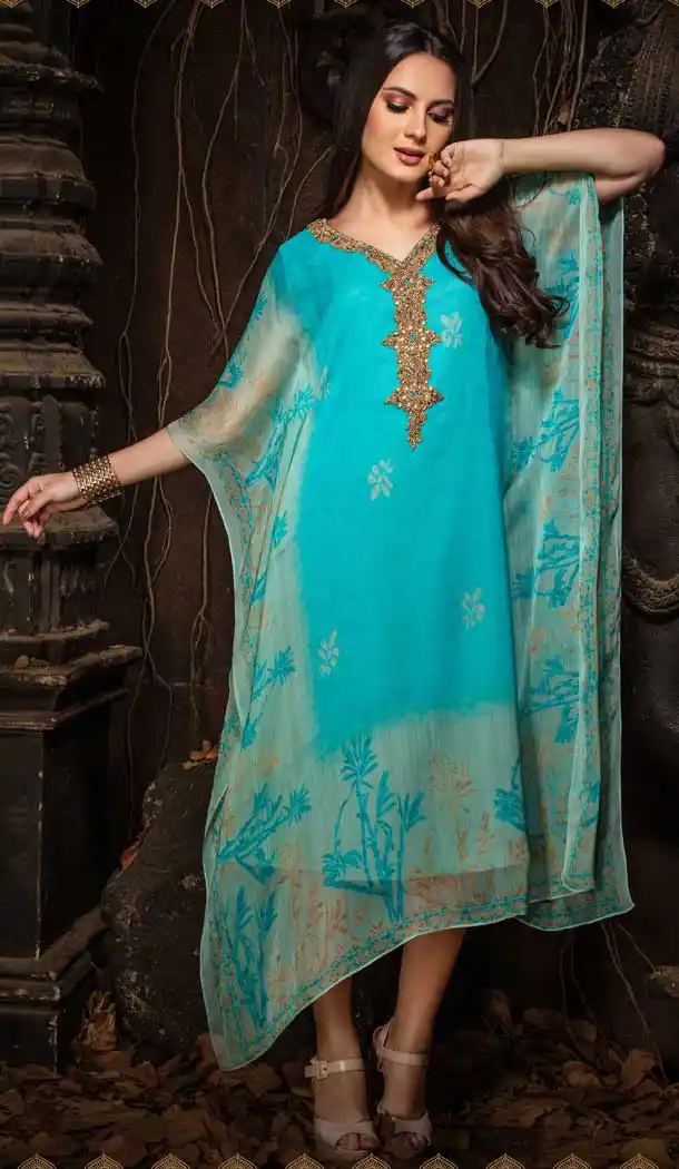 Blue Color Chiffon Designer Party Wear Chiffon Plus Size Kaftan -931110155