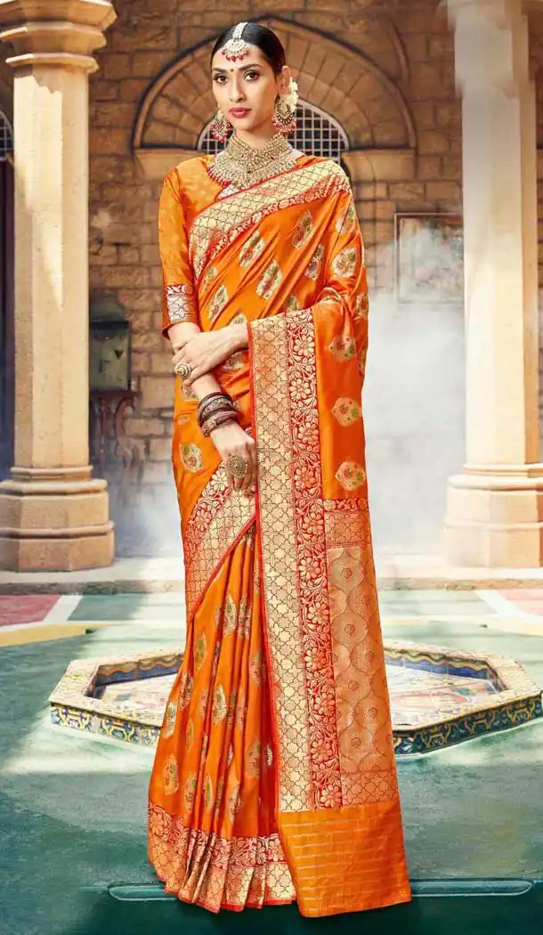 Chic Orange Color Banarasi Fancy Silk Traditional Wear Saree Blouse -9314110171