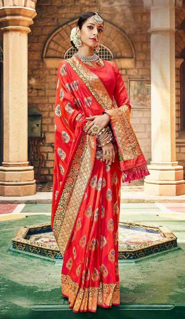 Tomato Red Color Banarasi Fancy Silk Traditional Wear Saree Blouse -9314110173